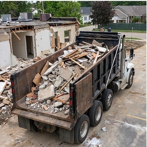 Dump truck loaded with demolition debris at a job site