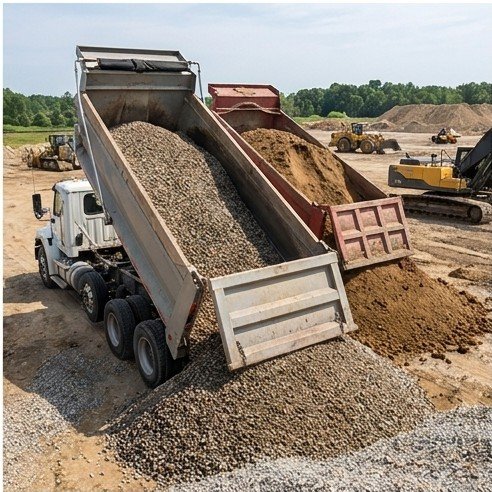 Dump truck delivering gravel and dirt at a construction site