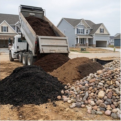 Dump truck delivering mulch, topsoil, and stone to a residential site