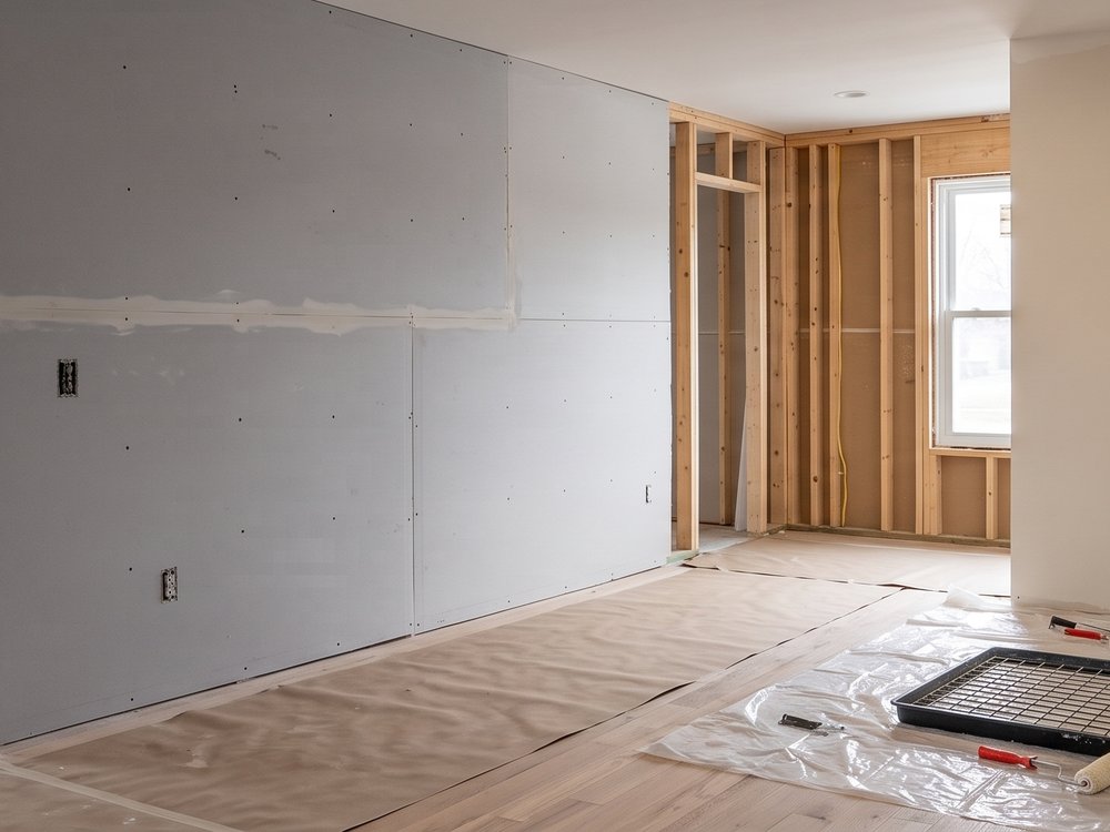 Hung and taped drywall with framing and painting supplies on site