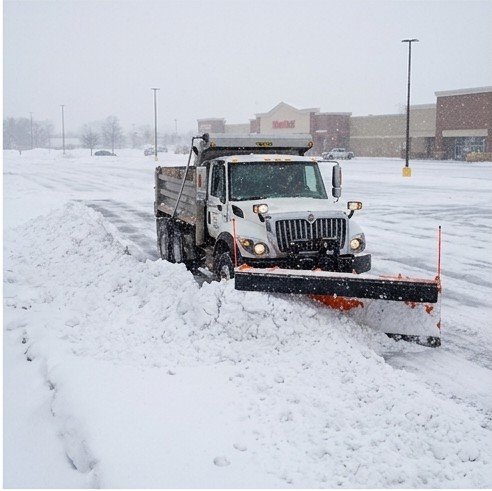 Plow truck clearing snow from a commercial parking lot
